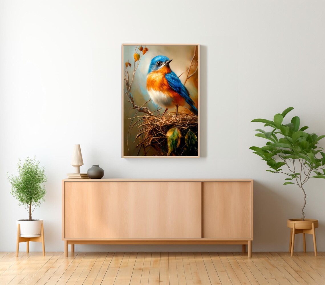 Eastern Bluebird Perched in Nest Among Autumn Leaves Bird Art Poster - Image 2