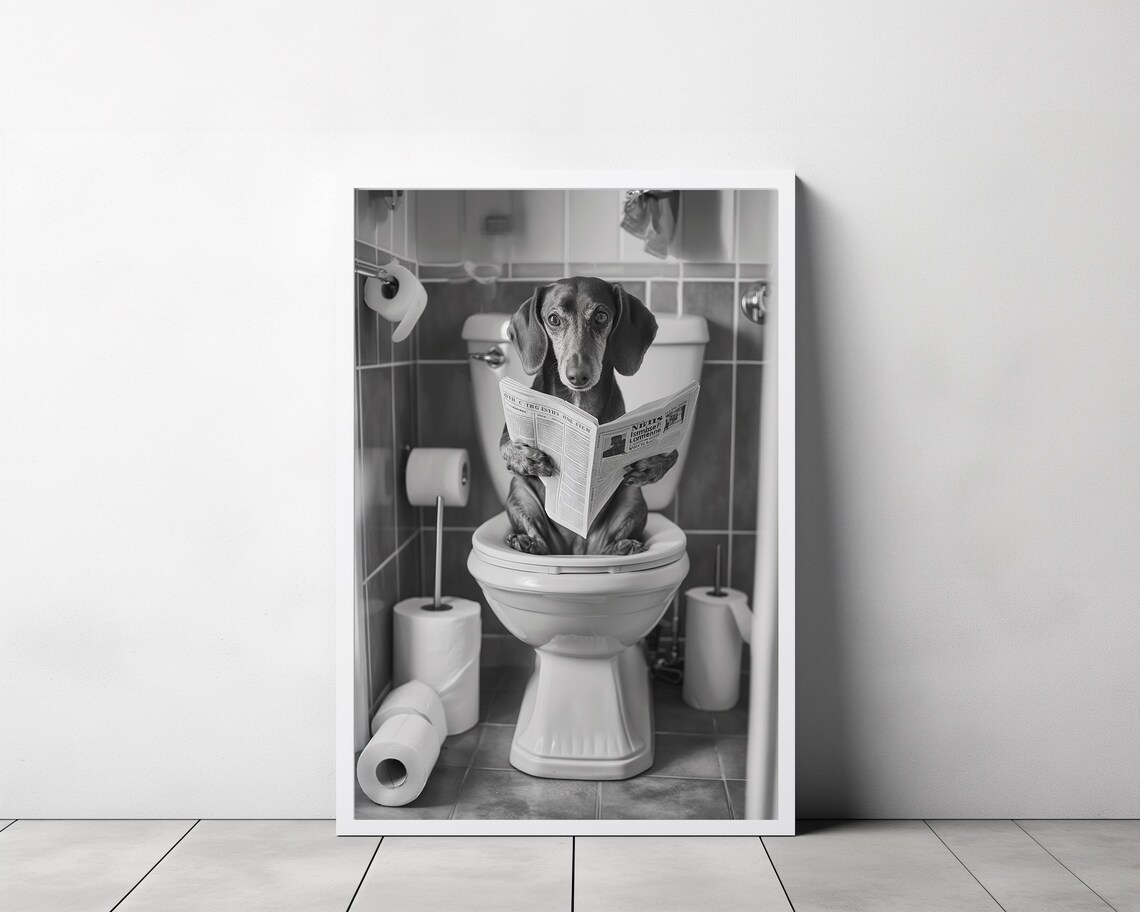 Funny Dachshund Reading the Newspaper on the Toilet Bathroom Poster - Image 3