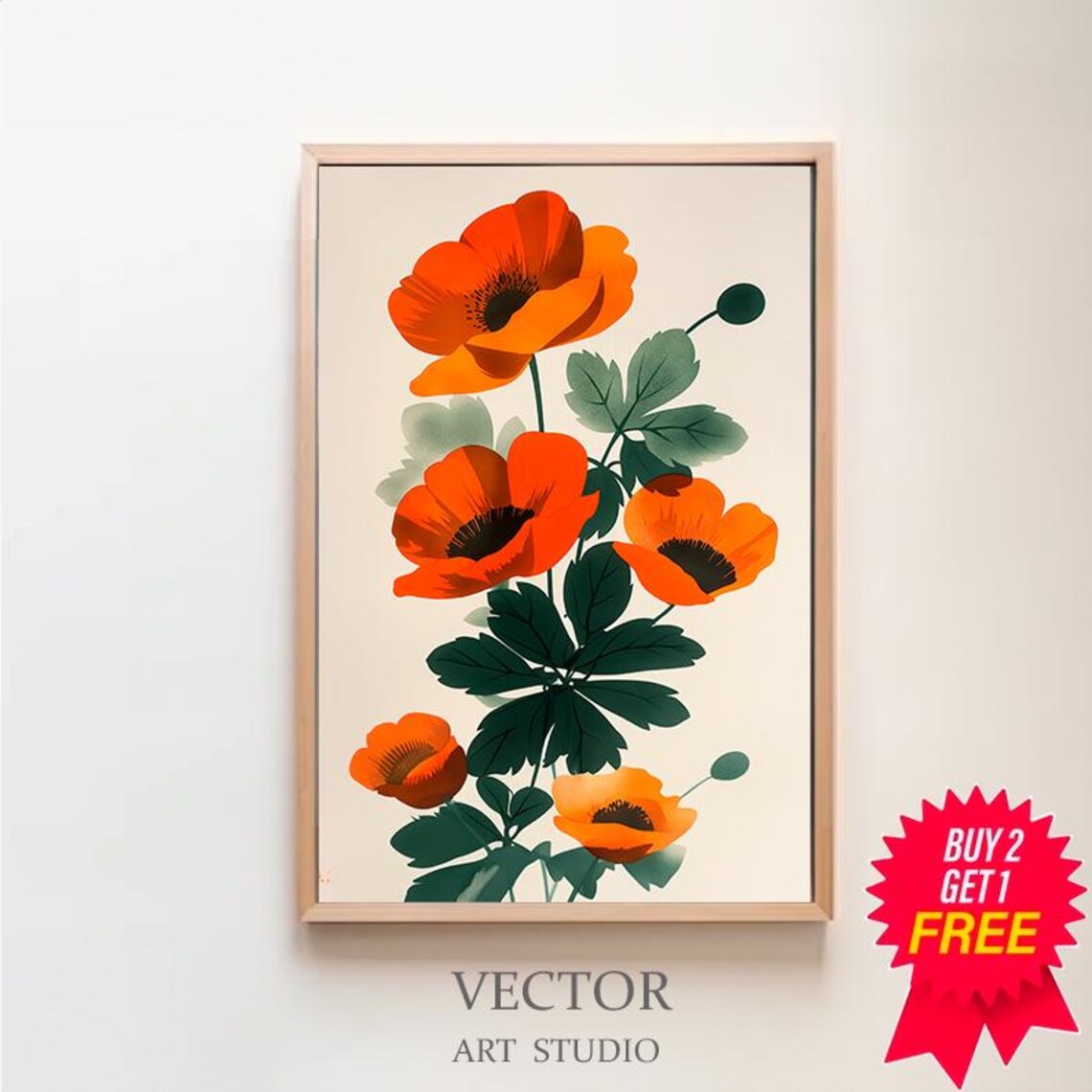 Vibrant Orange Poppy Flowers Vintage Botanical Illustration Poster