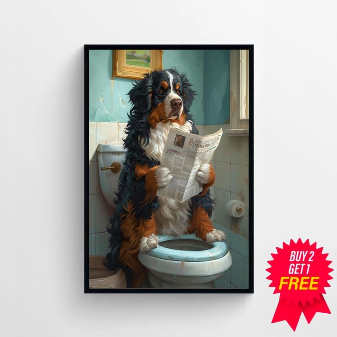 Funny Bernese Mountain Dog Reading Paper in the Bathroom Poster - Image 4