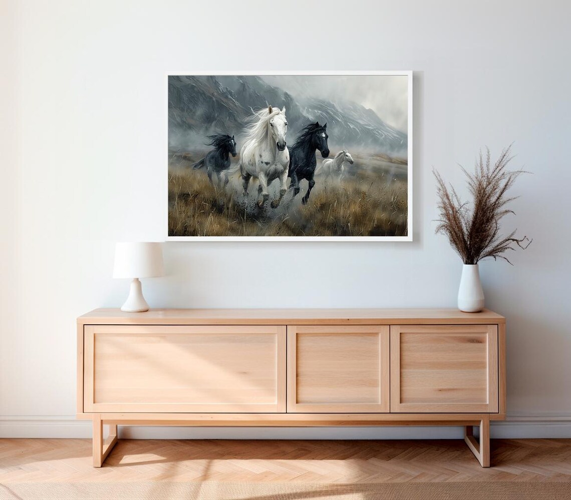 Wild Horses Stampede Golden Grass Misty Mountain Hills Poster - Image 2