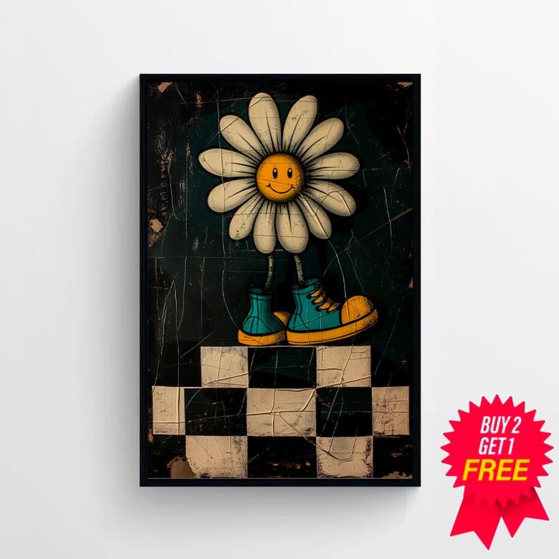 Smiling Daisy In Sneakers Dark Moody Retro Flower Decor Poster - Image 4