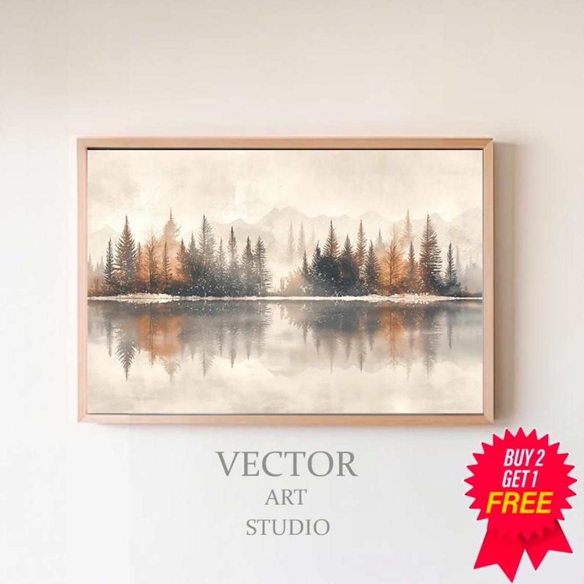 Misty Evergreen Forest Reflected in a Still Mountain Lake Art Poster