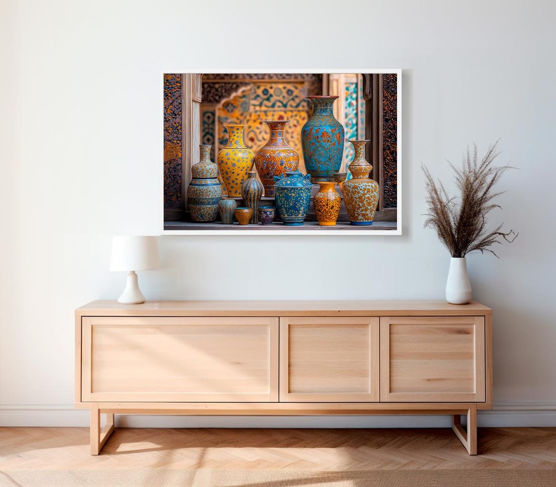 Moroccan Mosaic Vase Collection Blue Gold Still Life Art Poster - Image 2