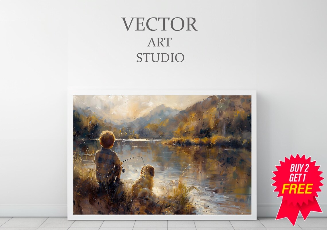 Boy And Golden Dog Fishing Sunlit River Impressionist Painting Poster - Image 3