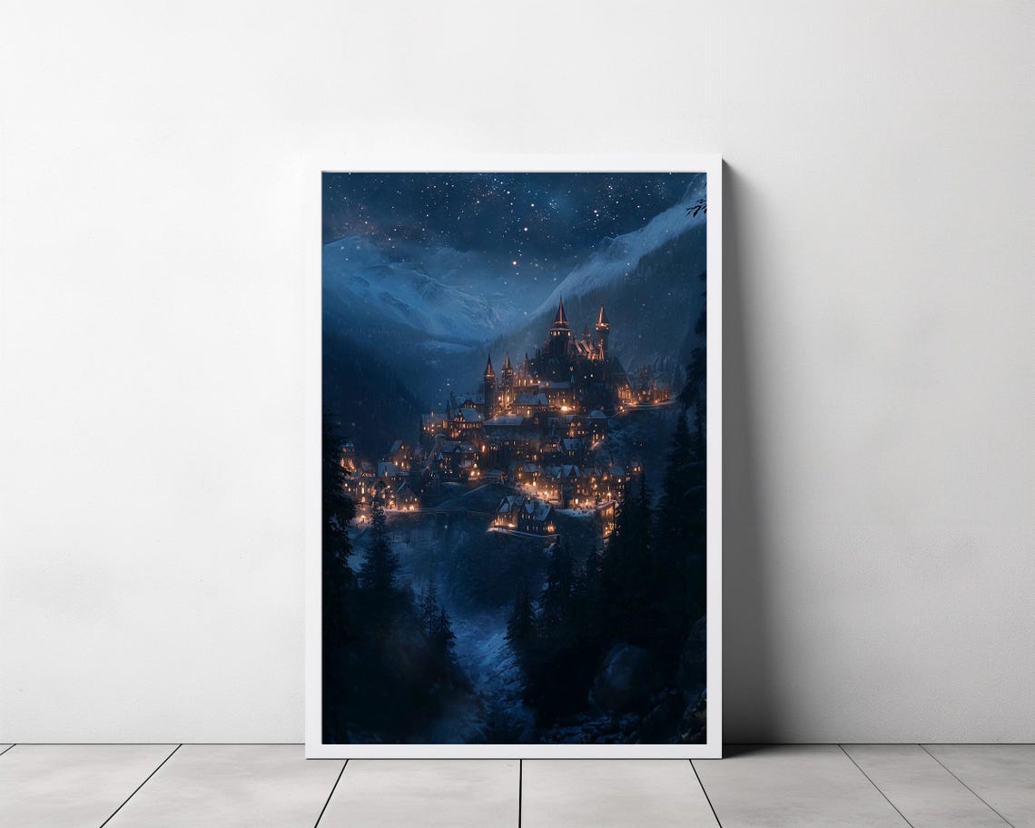Moonlit Castle Town Under A Starry Night Blue Fantasy Poster - Image 3
