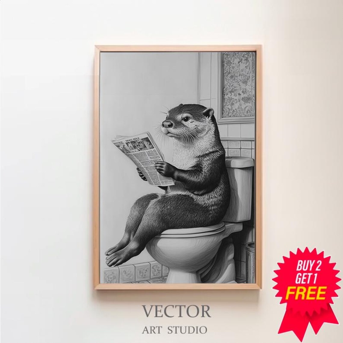 Funny Black and White Otter Reading Newspaper on a Toilet Poster
