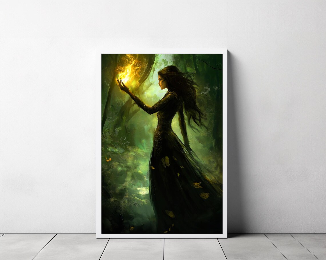Dark Sorceress Conjuring Fire In A Moonlit Forest Fantasy Poster - Image 3