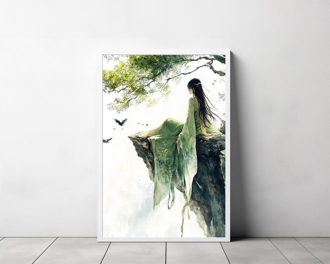 Artemis Goddess in Green Robe Seated on Misty Cliff Edge Art Poster - Image 3