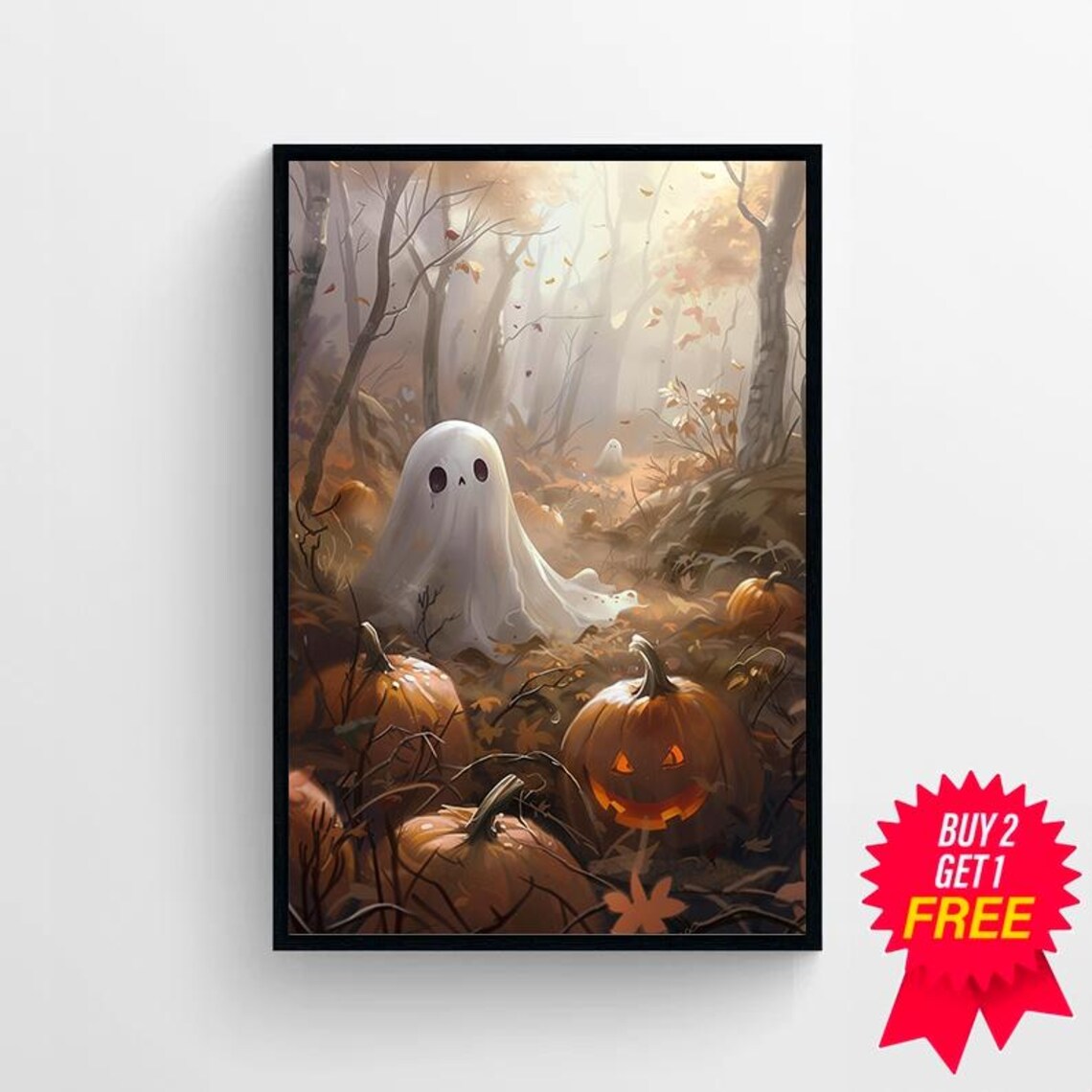 Ghost In Autumn Pumpkin Patch With Glowing Jack-O-Lantern Halloween Poster - Image 4
