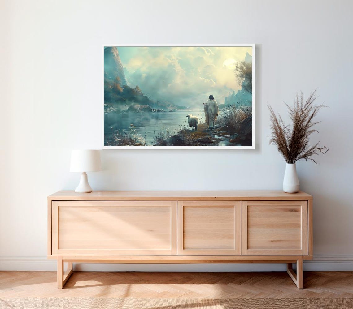 Jesus with a Sheep Standing by a Misty Teal Mountain Lake Poster - Image 2