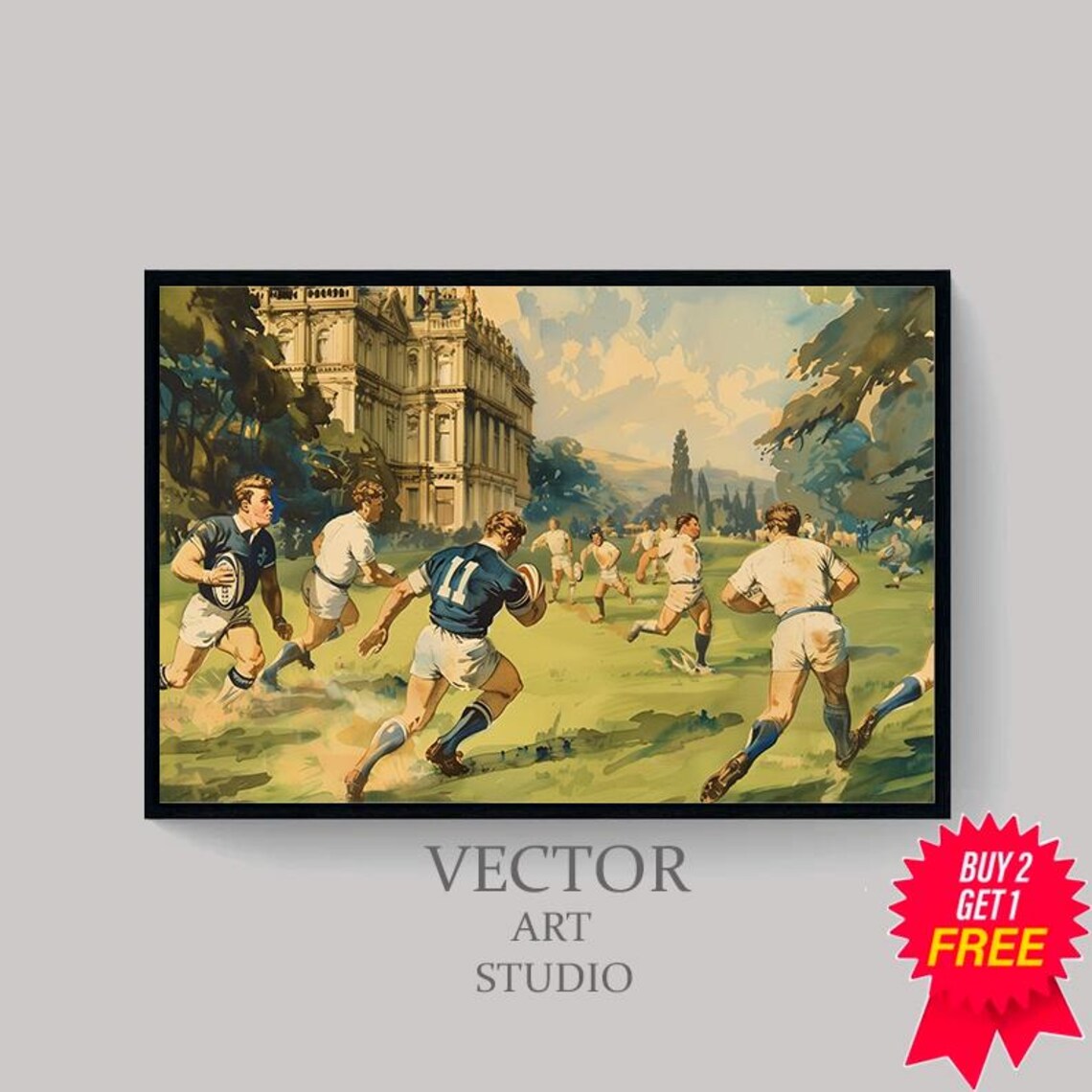Vintage Rugby Match Illustration Country House Sports Poster - Image 4