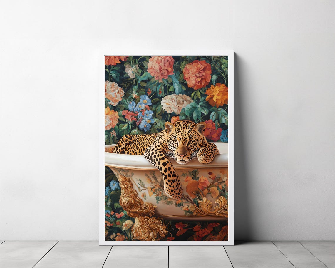 Wall Art Leopard In A Bathtub Maximalist Oil Painting Colorful Trendy Kitsch Bathroom Print Vivid Bold Dopamine Animal Picture - Image 3