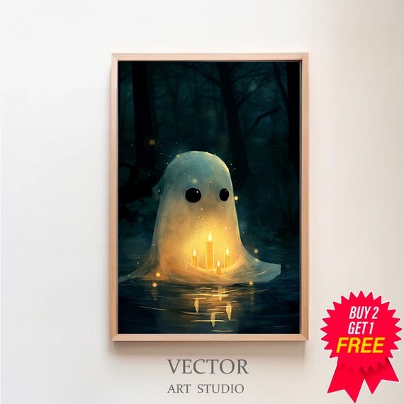 Cute Glowing Ghost with Candles Floating on Dark Water Poster