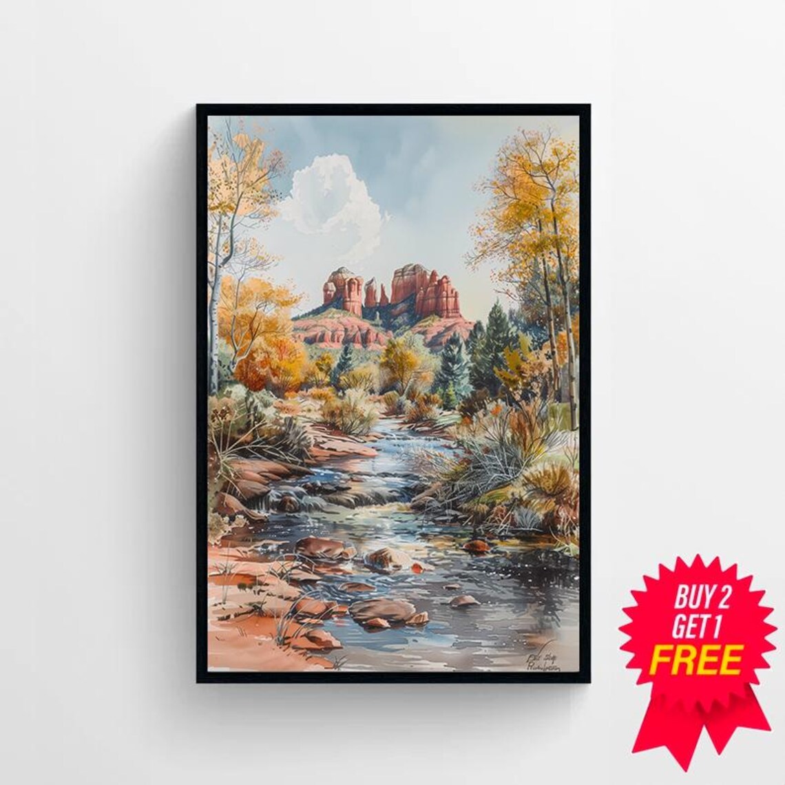 Sedona Red Rocks Creek Autumn Cottonwoods Watercolor Landscape Poster - Image 4