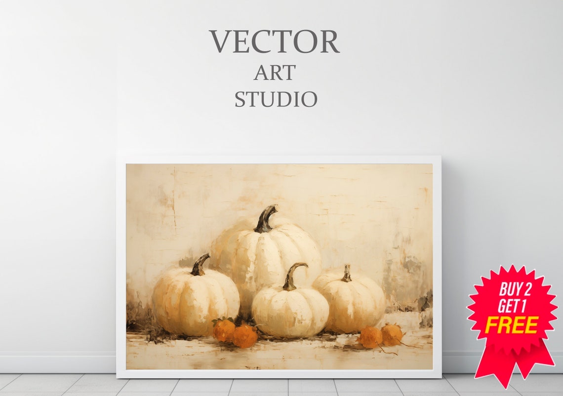 White Pumpkins with Persimmons Rustic Fall Still Life Wall Poster - Image 3