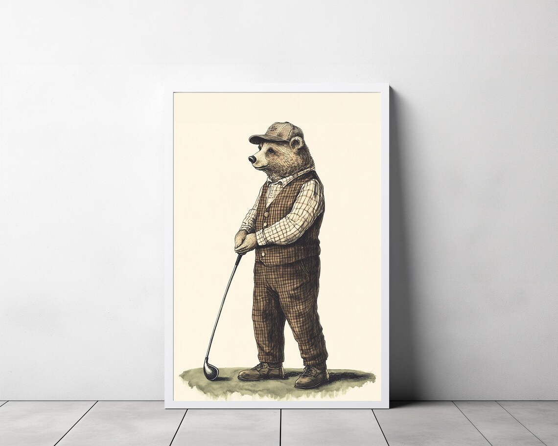 Vintage Bear Golfer in Plaid Vest Illustrated Wall Decor Poster - Image 3