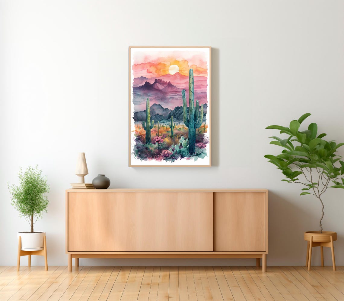 Sonoran Desert Sunset Saguaro Cactus Pink Sky Watercolor Art Poster - Image 2