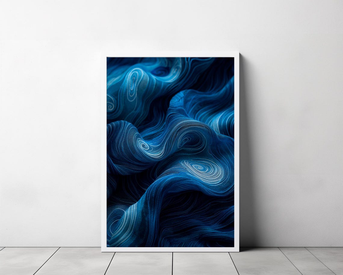 Indigo Blue Denim Texture Abstract Swirl Patterns Art Poster - Image 3