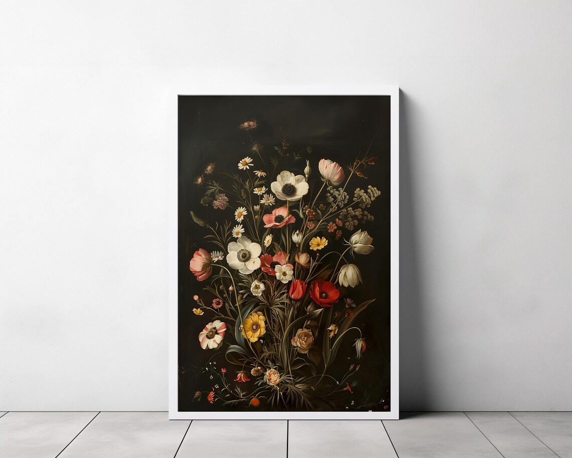 Dark Wild Moody Floral Bouquet with Yellow Tulips Vintage Poster - Image 3