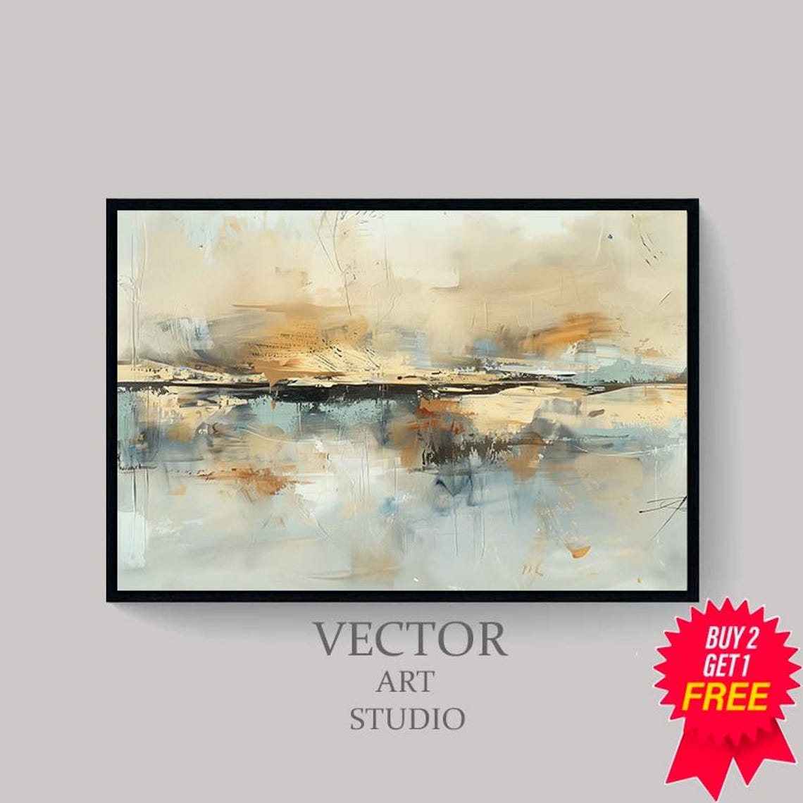 Beige and Blue Abstract Landscape Painting in Neutral Tones Poster - Image 4