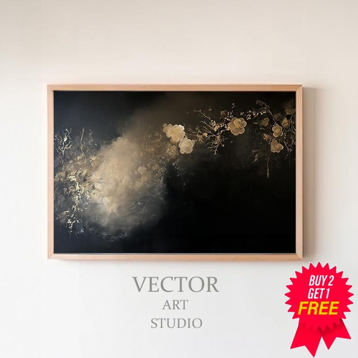Gilded Flowers Emerging From Smoky Black Abstract Painting Poster