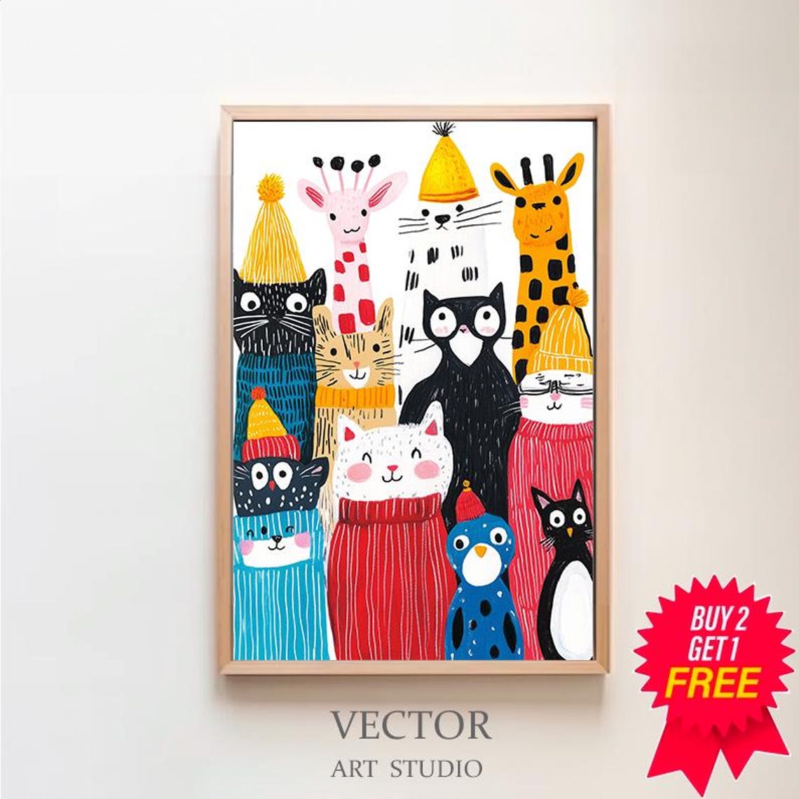 Colorful Cats Giraffes Cute Animals In Sweaters Kids Wall Poster