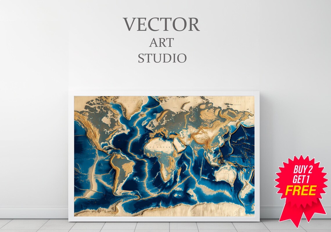 Ocean Floor Topographic World Map in Navy Blue and Gold Tones Poster - Image 3