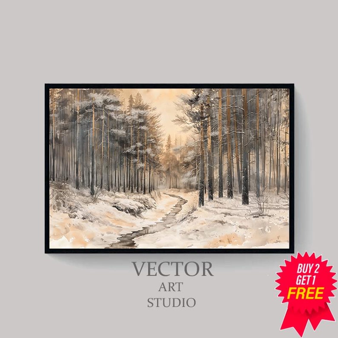 Vintage Winter Sketch Flocked Snowy Trees Vintage Art - Image 4