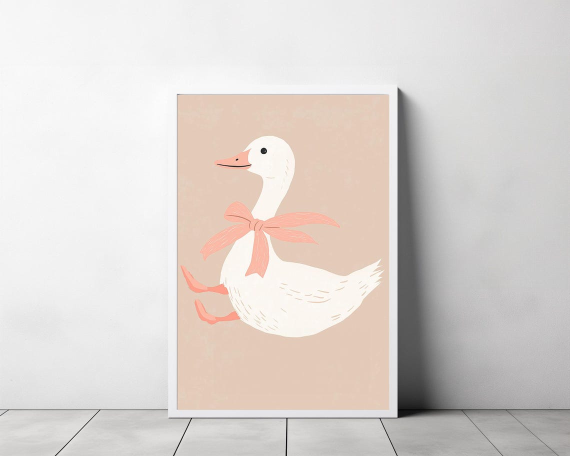 Duck With Pink Scarf Running on Beige Coquette Nursery Poster - Image 3