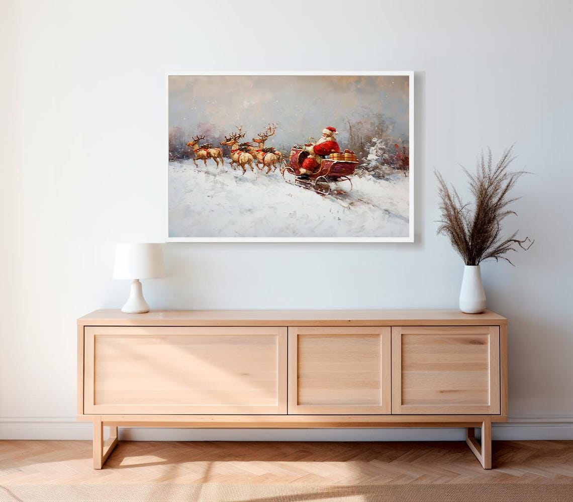 Santa And Six Reindeer Sleigh Crossing An Open Snowfield Poster - Image 2