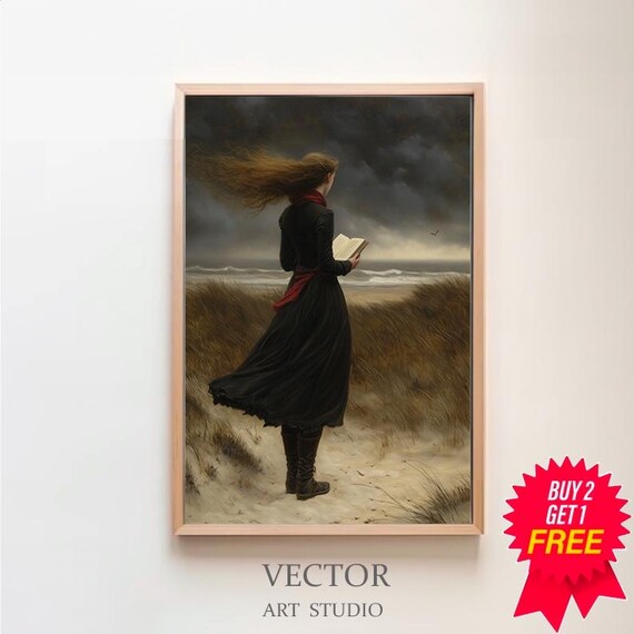 Woman With Red Scarf Reading On Windy Coastal Dunes Art Poster