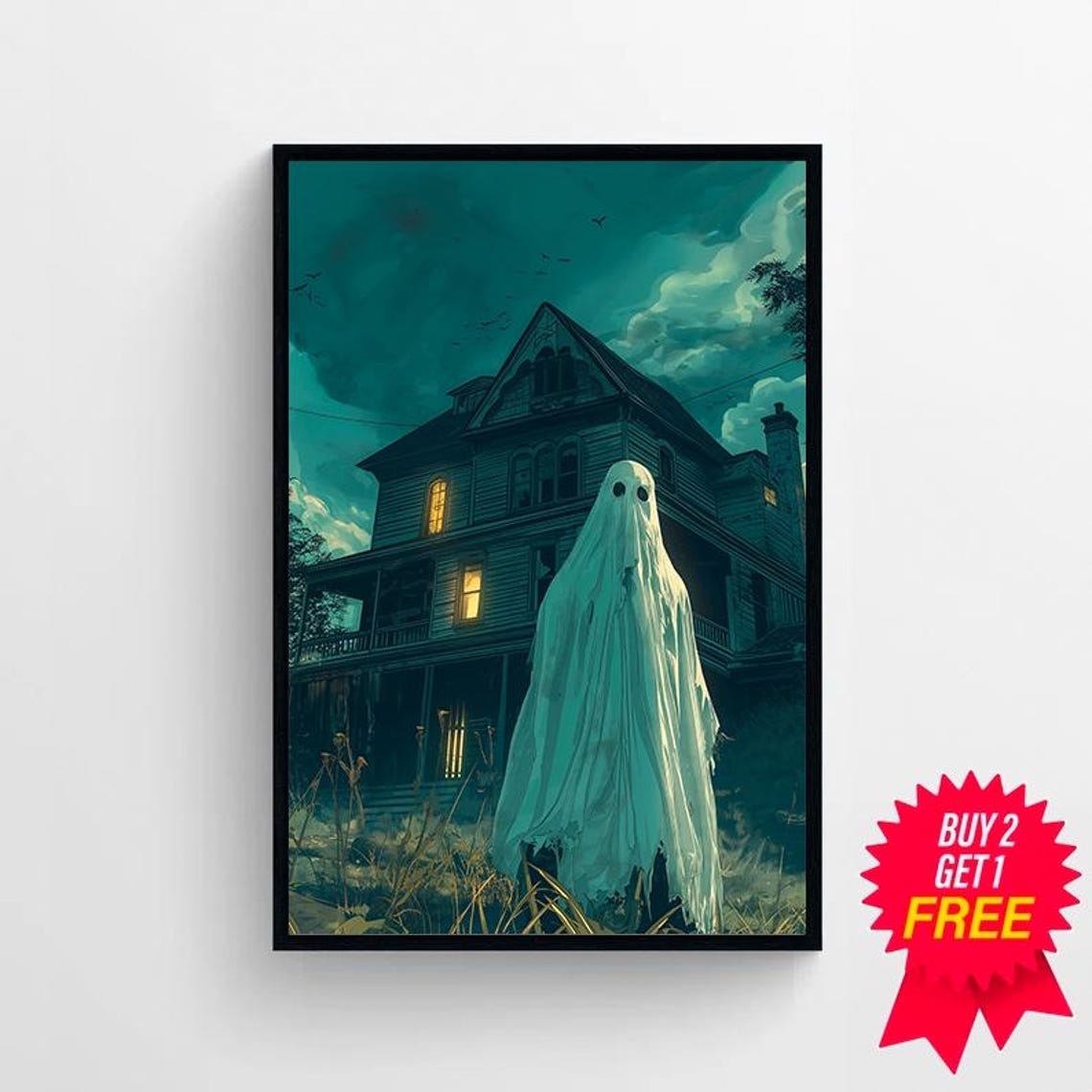 Ghost In Front Of Haunted Mansion At Night Spooky Halloween Poster - Image 4