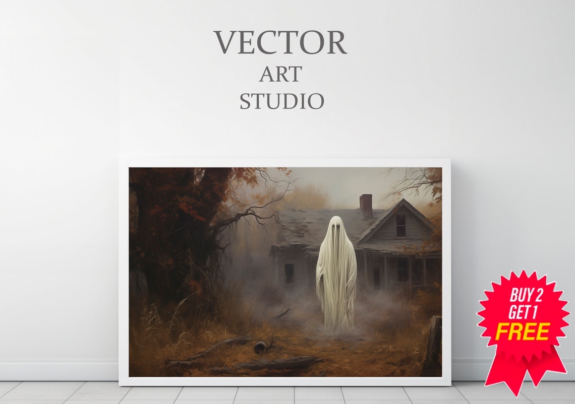 Ghost by Abandoned Farmhouse Foggy Fall Haunted Field Poster - Image 3