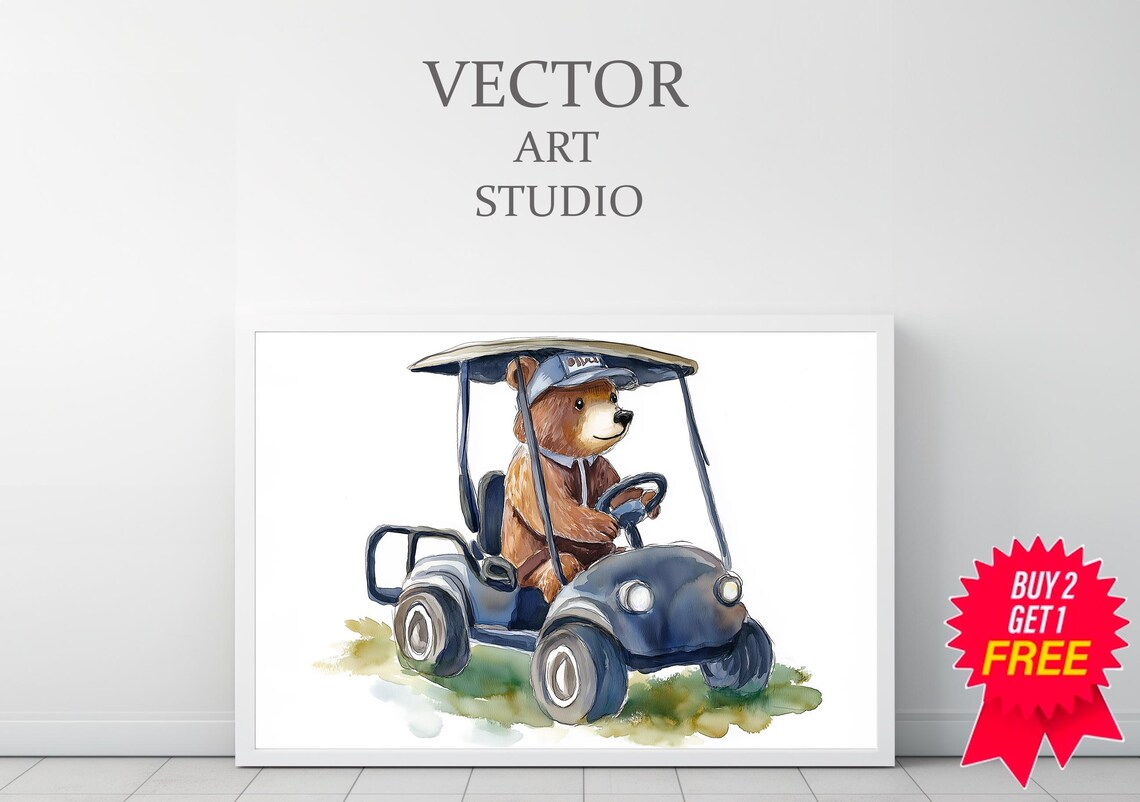 Cute Bear Driving A Blue Golf Cart In Watercolor Nursery Wall Decor Print - Image 3