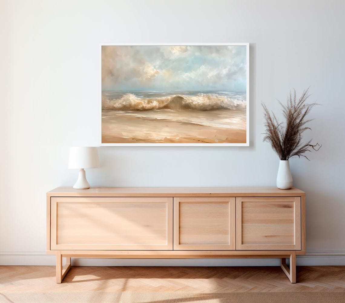 Ocean Waves Crashing On A Sandy Beach Vintage Neutral Seascape Poster - Image 2