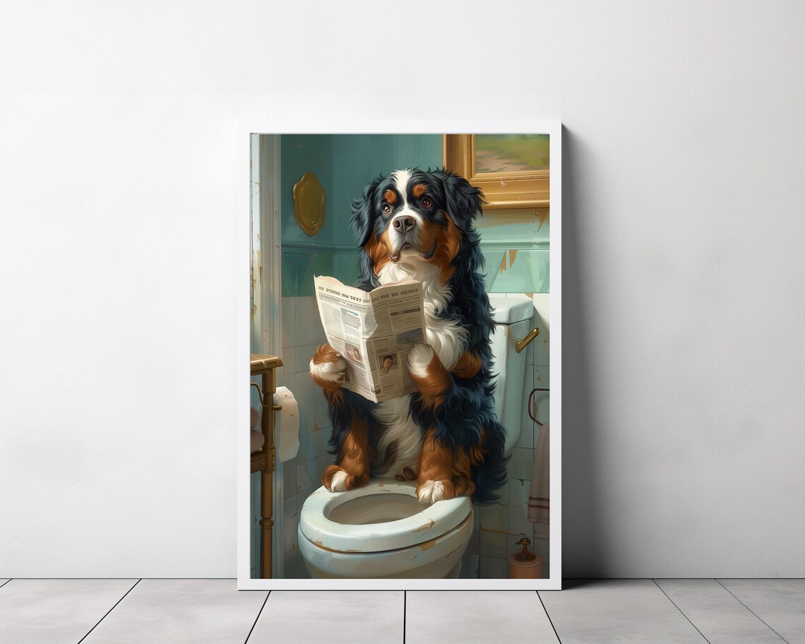 Funny Bernese Mountain Dog on Toilet with Morning Paper Poster - Image 3