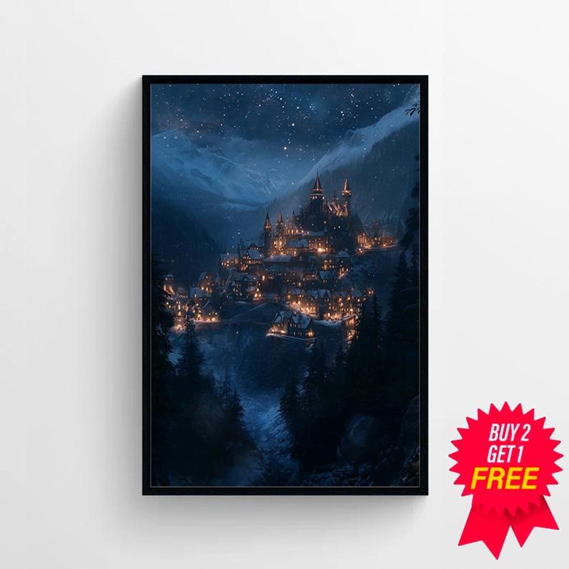 Moonlit Castle Town Under A Starry Night Blue Fantasy Poster - Image 4
