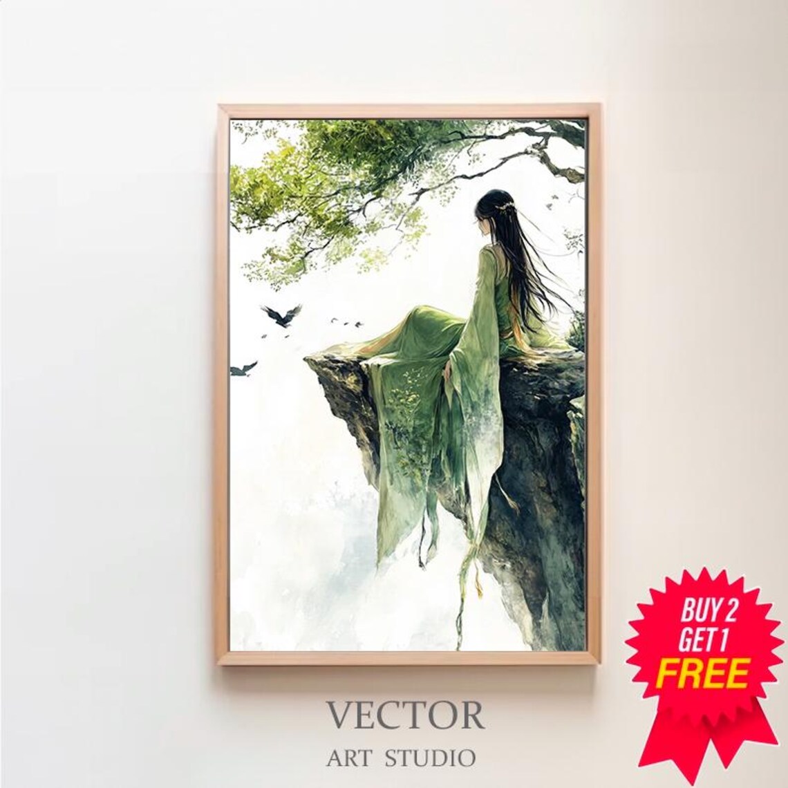 Artemis Goddess in Green Robe Seated on Misty Cliff Edge Art Poster