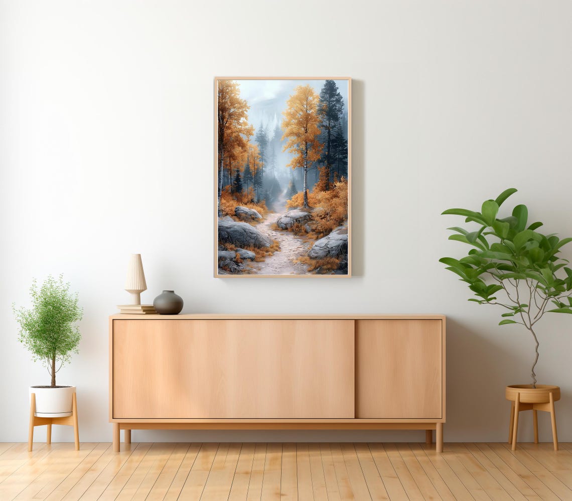 Golden Misty Autumn Birch Forest with Rocky Path Fall Poster - Image 2