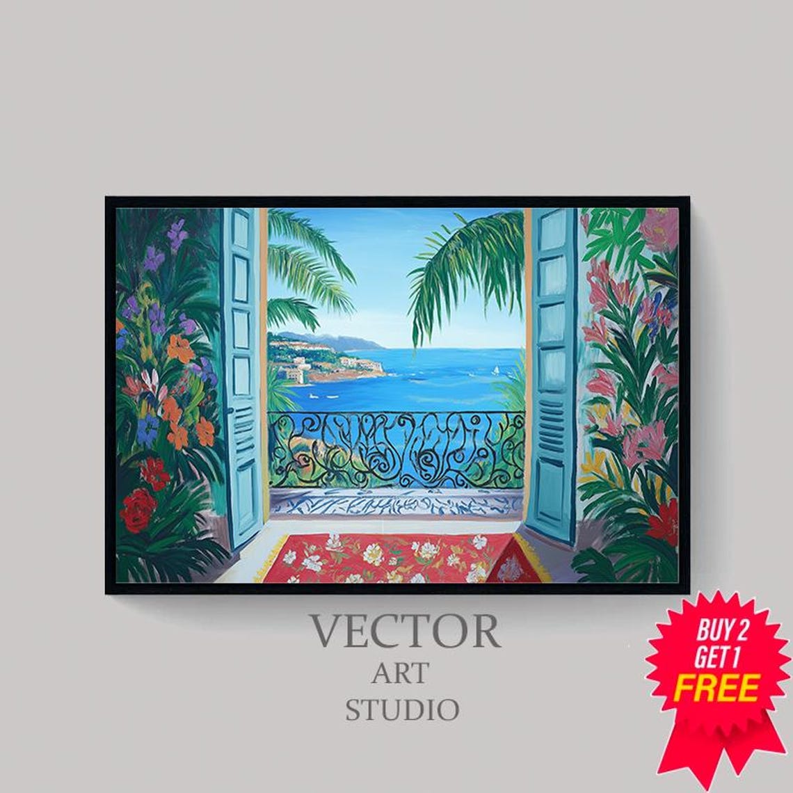 French Doors Opening to Coastal Balcony Mediterranean Sea View Print - Image 4