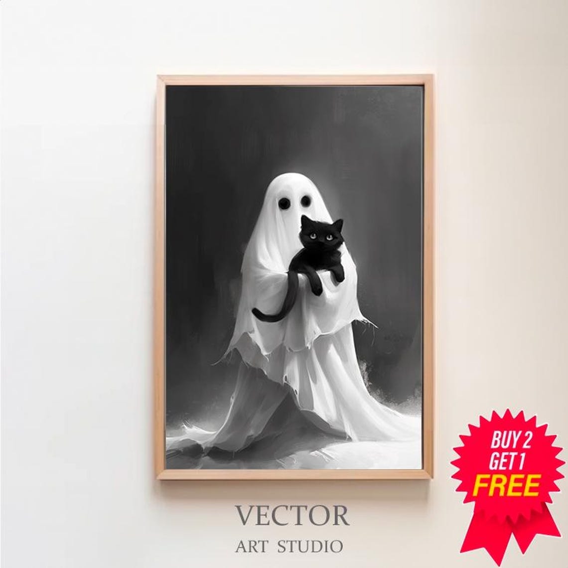 Ghost Hugging A Black Cat Black And White Spooky Cute Art Poster