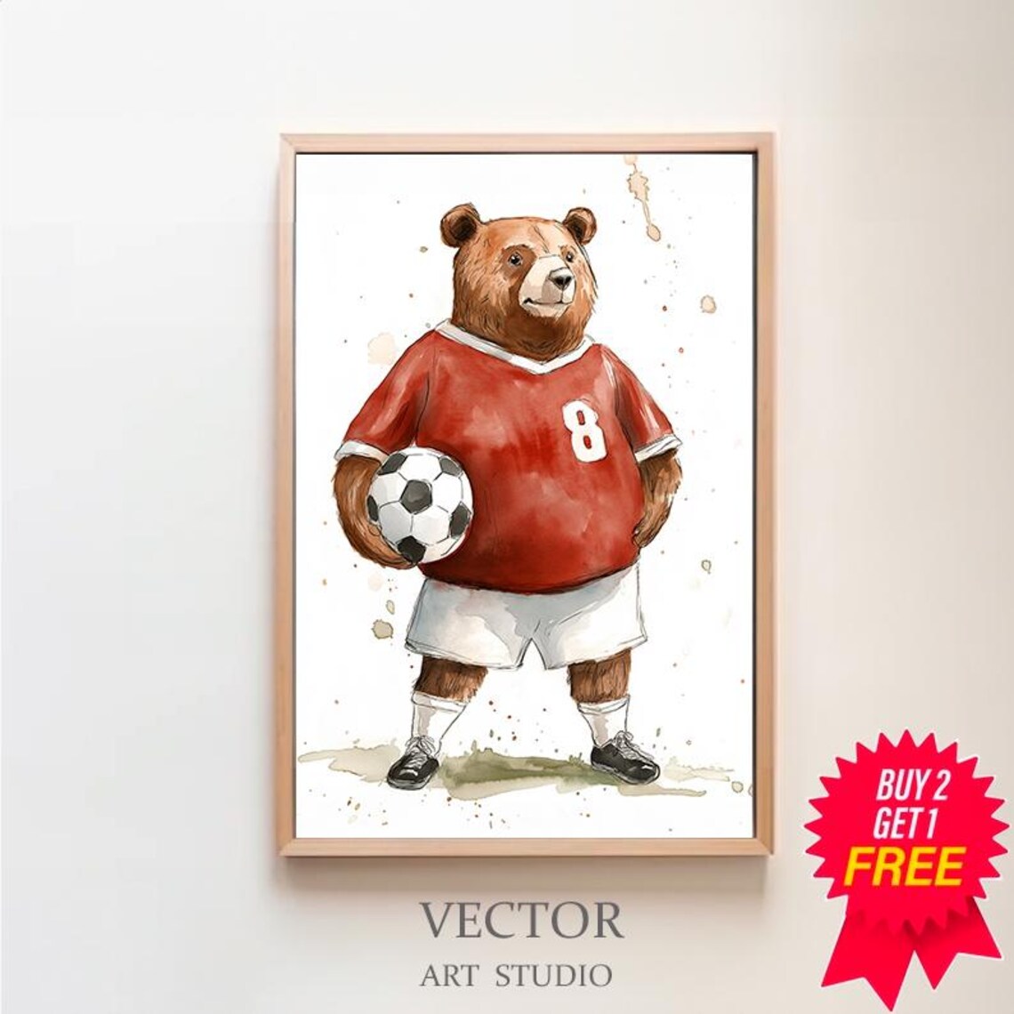 Watercolor Bear Soccer Player Wearing a Red Number 8 Jersey Poster