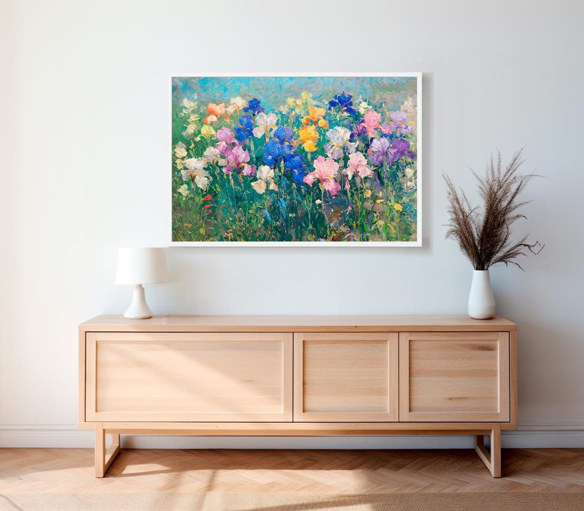 Multicolor Iris Field Blooming Under A Bright Blue Sky Poster - Image 2