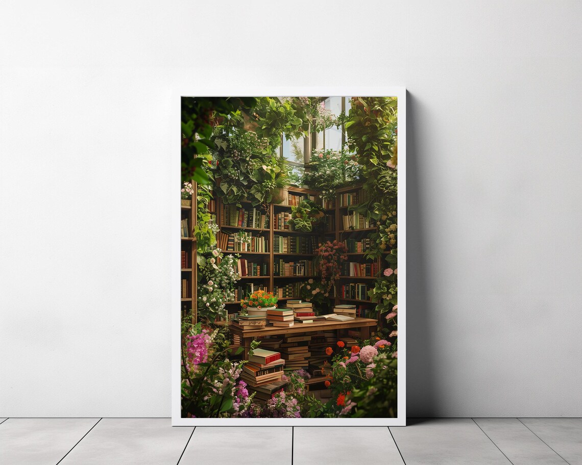 Overgrown Greenhouse Library Painting with Flowers and Books Poster - Image 3