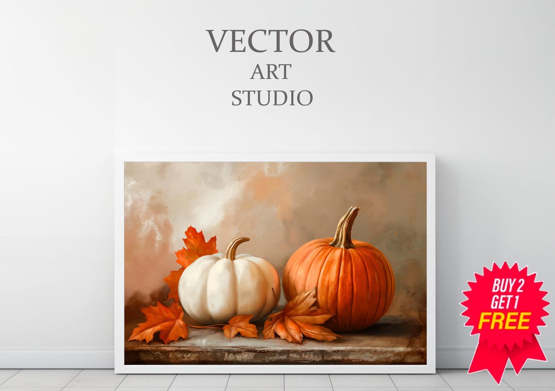 White And Orange Pumpkins With Maple Leaves On A Beige Poster - Image 3