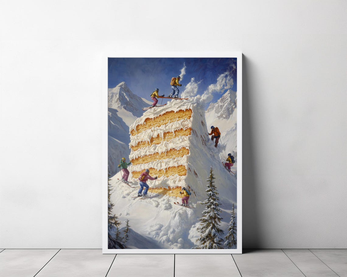 Surreal Skiers Racing Down a Giant Layered Cake Mountain Poster - Image 3