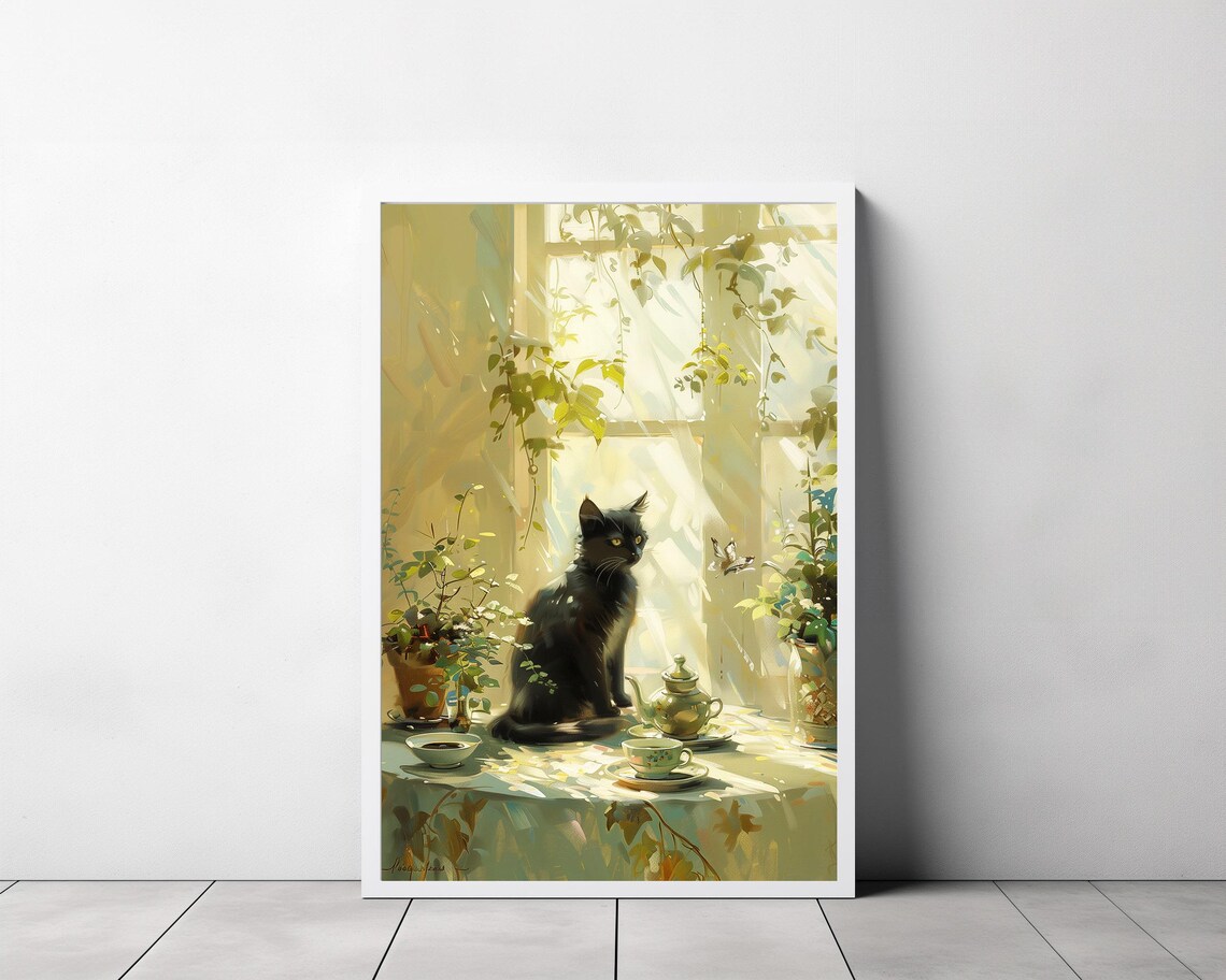 Retro Black Cat Coffee Print, Vintage Tea Cups Art Print - Image 3