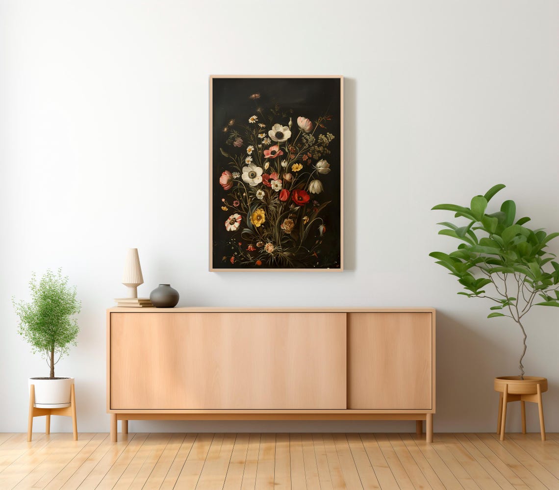 Dark Wild Moody Floral Bouquet with Yellow Tulips Vintage Poster - Image 2