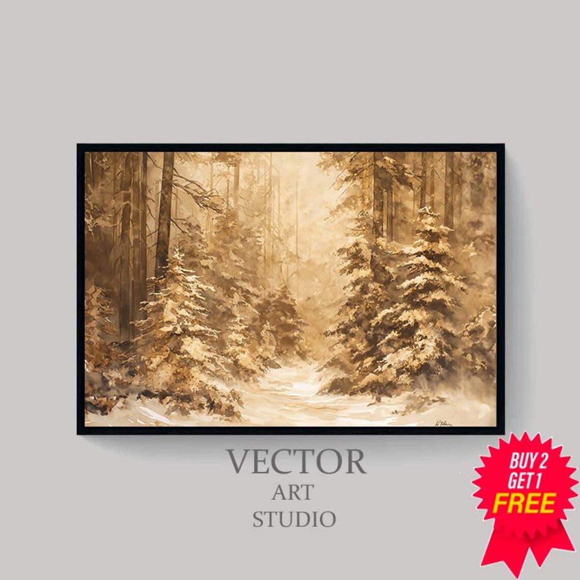 Golden Sepia Snowy Pine Forest in Winter Haze Watercolor Poster - Image 4